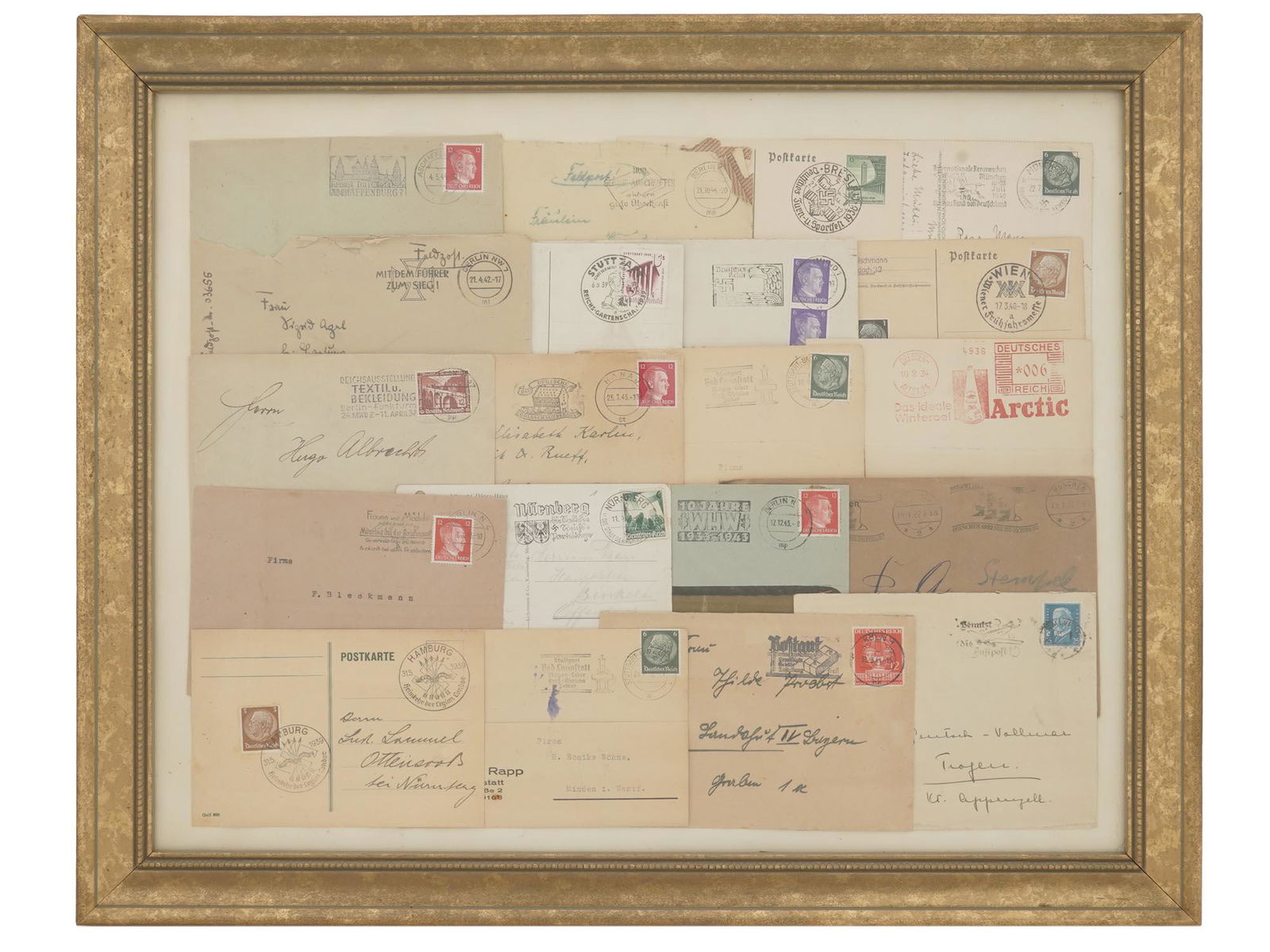 WWII GERMAN NAZI SIGNED ENVELOPS CANCELED STAMPS: A collage of vintage German hand signed envelopes with canceled stamps from the 1920s, 1930s, and the 1940s. Some stamps were circulating during the Nazi period. Original pieces. Framed. Vintage Germa