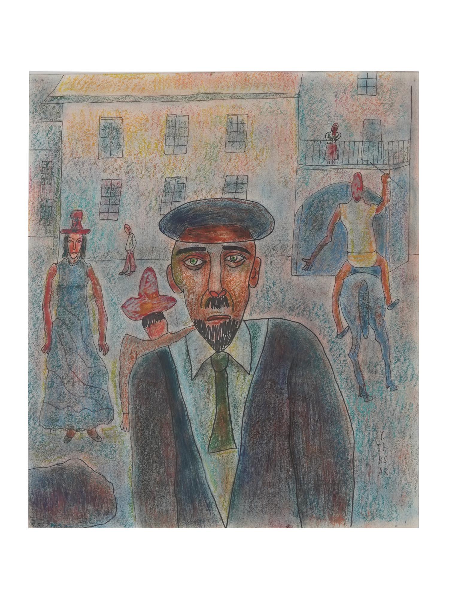 ARMENIAN COLOR PENCIL PAINTING BY YURI SARKISOV: Yuri Sarkisov, Armenian, American, born 1928, color pencil painting on paper depicting a Surreal scene. Signed with a monogram lower right. Signed dedication and dated 2004 on the back. Yuri Sarkisov 