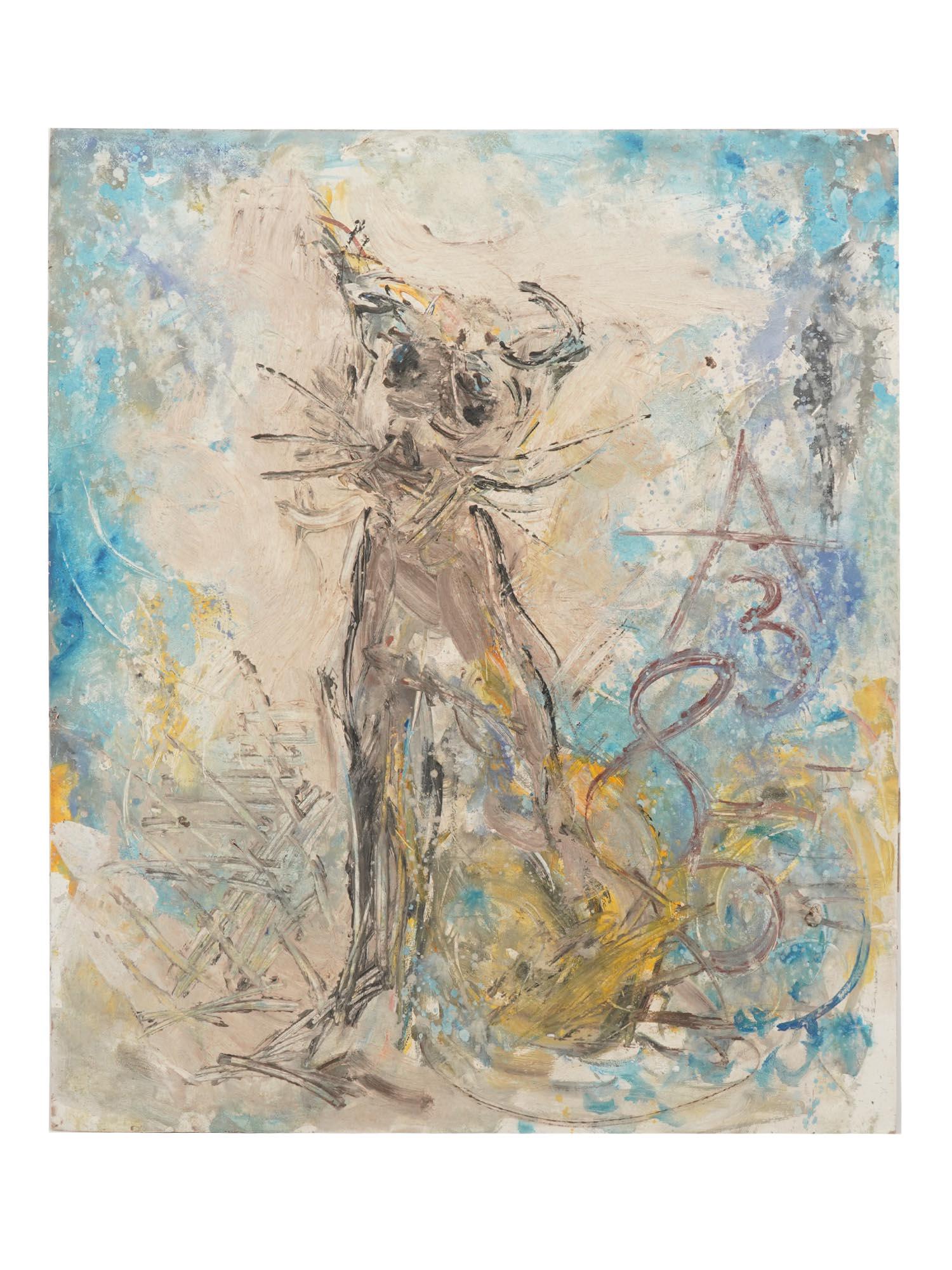 RUSSIAN MIXED MEDIA PAINTING BY ANATOLY ZVEREV: Anatoly Timofeivich Zverev, Russian Soviet, 1931 to 1986, mixed media painting on a cardboard depicting a portrait of a stray cat, 1985. Signed with initials and dated to the center right. Anatoly Zve