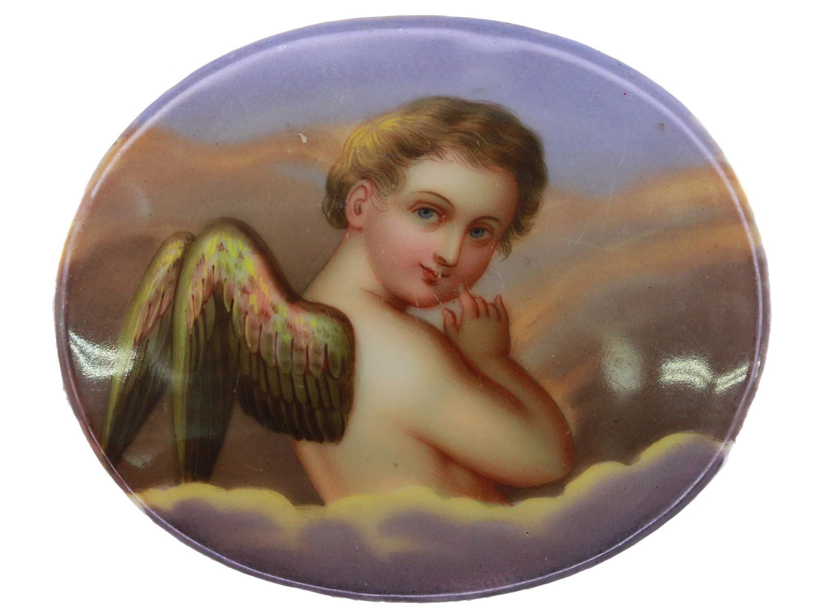 ANTIQUE 19TH C. MINIATURE ON PORCELAIN, CHERUB: A late 19th century European school miniature painting on an oval porcelain plate. The miniature depicts a picturesque Rococo style painting with a playful Cherub. Unframed. Antique Miniature Painting