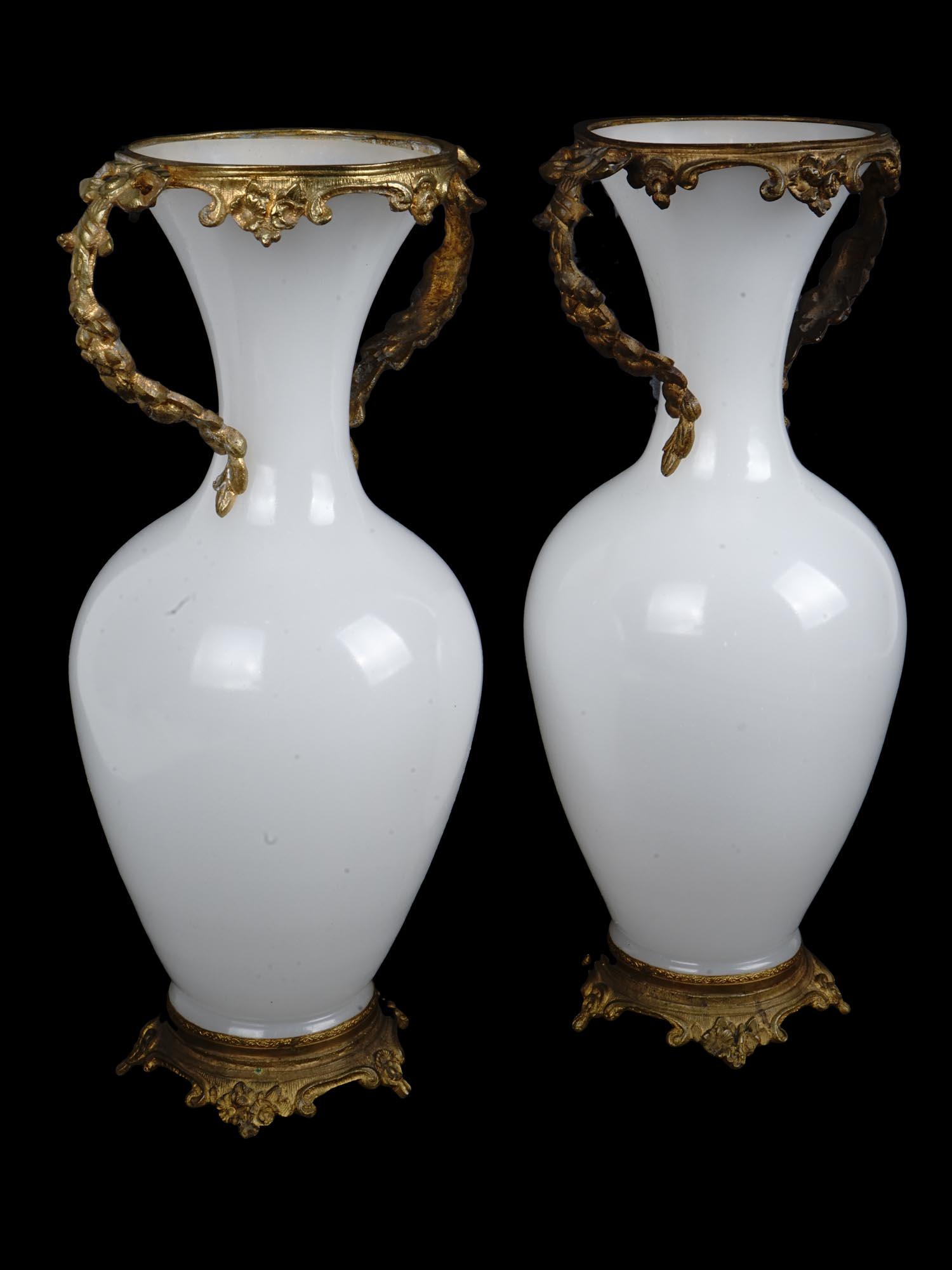 PAIR OF ANTIQUE FRENCH OPALINE GLASS BRONZE VASES (1 of 10)