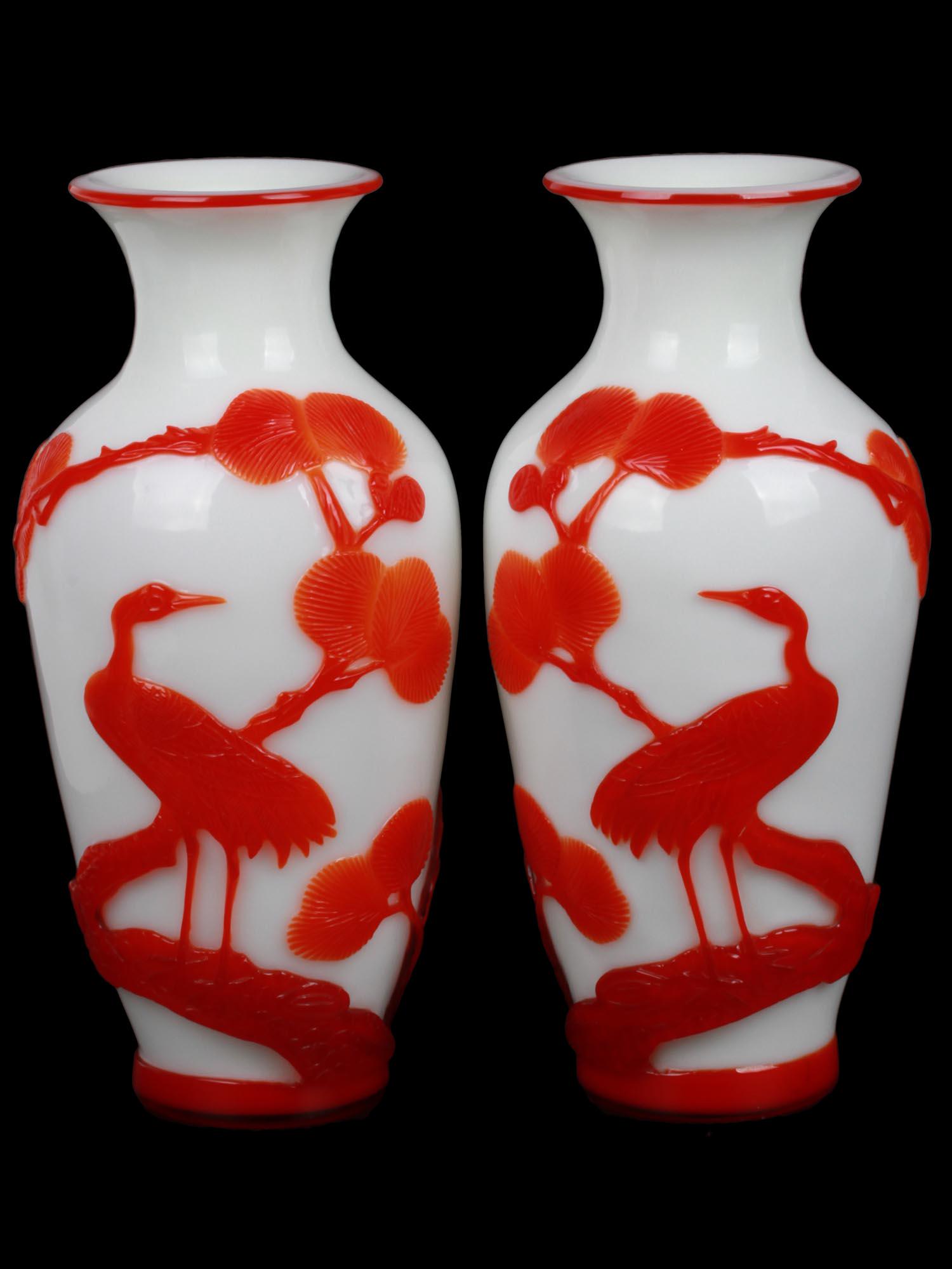 ANTIQUE CHINESE PEKING GLASS RED OVERLAY VASES (1 of 5)