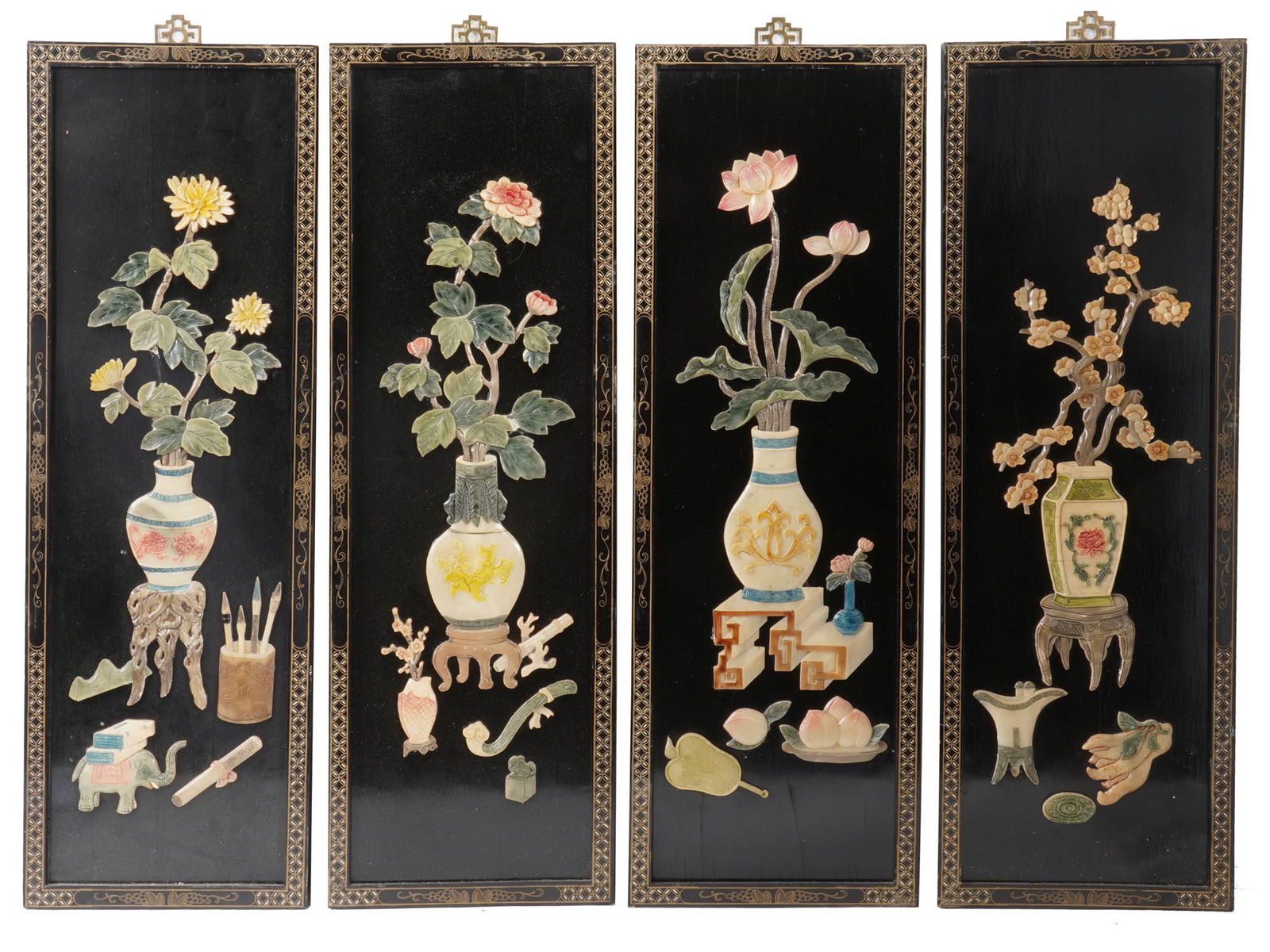 CHINESE LACQUERED WALL PANELS FLOWER STILL LIFE (1 of 4)