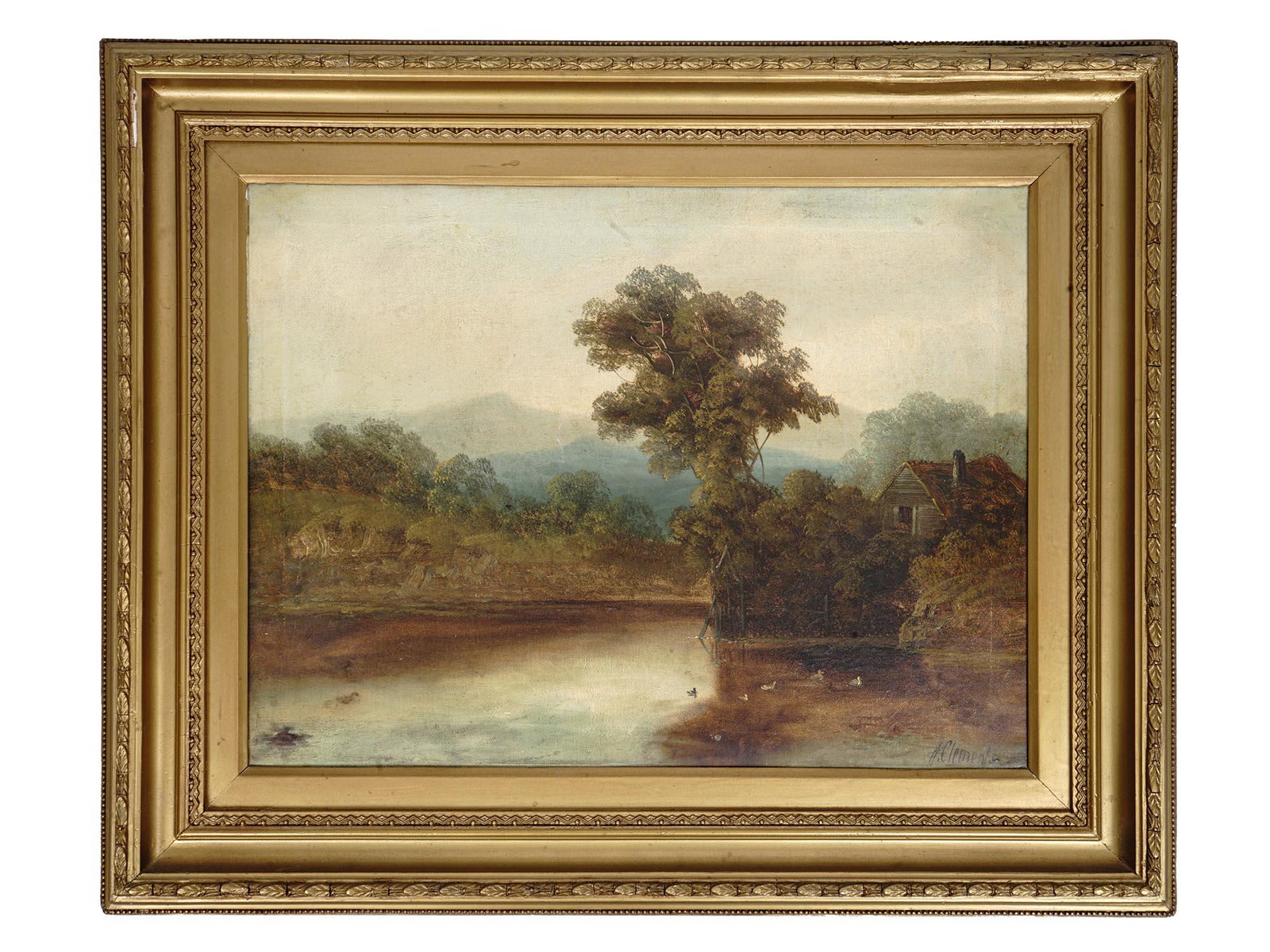 ANTIQUE LANDSCAPE OIL PAINTING BY HENRY CLEMENTS: Oil on canvas painting representing a wooden house on the bank of a pond among the hills. Signed H. Clements in the lower right. Henry Clements was a late 19th-century British artist who specialized i