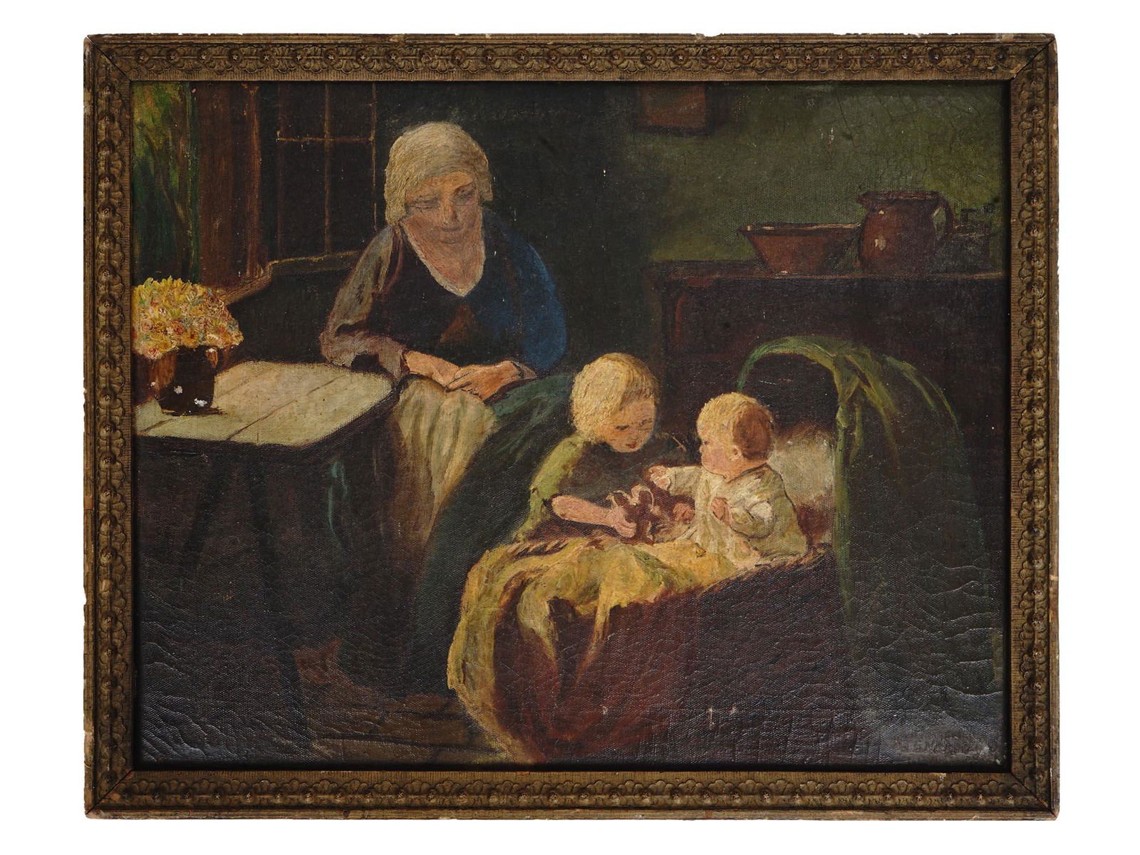 ANTIQUE INTERIOR FAMILY SCENE OIL PAINTING SIGNED: An antique Dutch school oil painting on canvas depicting an interior family scene with a mother and a child. Signed by the artist, Mardo, lower right. Framed. Provenance: Thos Cornell Galleries, NY, U