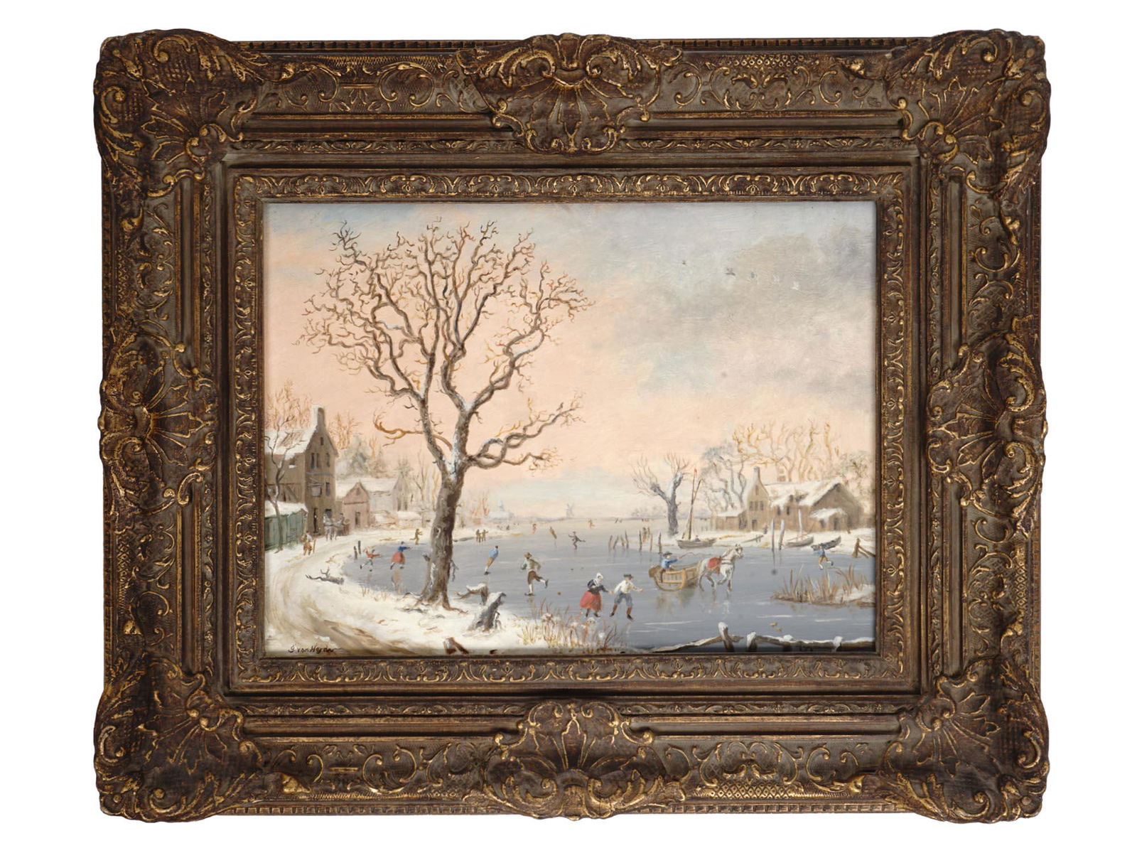 ANTIQUE OIL PAINTING ICE SKATERS SIGNED VAN HOYDN (1 of 8)