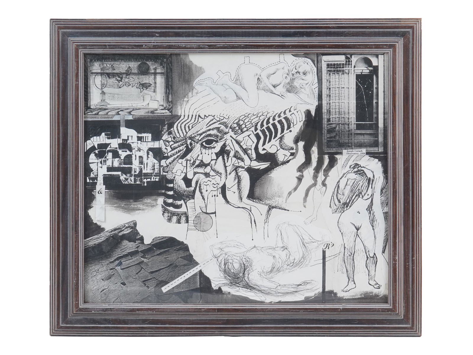 MID CENTURY SURREALIST PAINTING BY GERALD LICHT: Black and white surrealist collage artwork made of cut photographs and drawings of nude women. The art collage refers to the Observatory series made from 1940 to 1950 by Joseph Cornell, 1903-1972, an