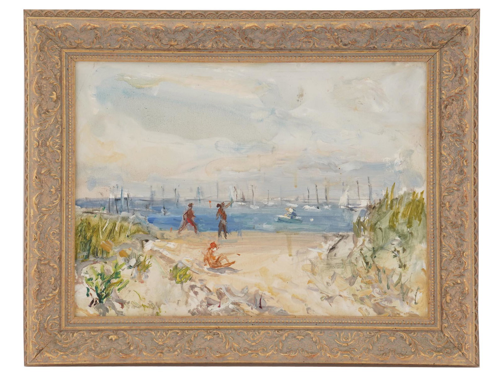 IMPRESSIONIST OIL PAINTING BEACH SEASCAPE FRAMED: A small format oil on board painting. A seascape depicting a beach with bathing people and sailing ships in the background. Impressionist pictorial manner. Golden frame. Collectible Marine Landscape A