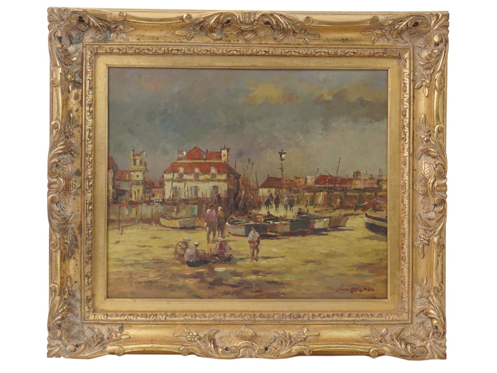 IMPRESSIONIST PAINTING COASTAL TOWN SIGNED MARYAN: Oil on canvas painting. A landscape representing a sea shore with boats and red-roofed buildings in the background. Signed Maryan in the lower right. Impressionist pictorial manner. Collectible Marine