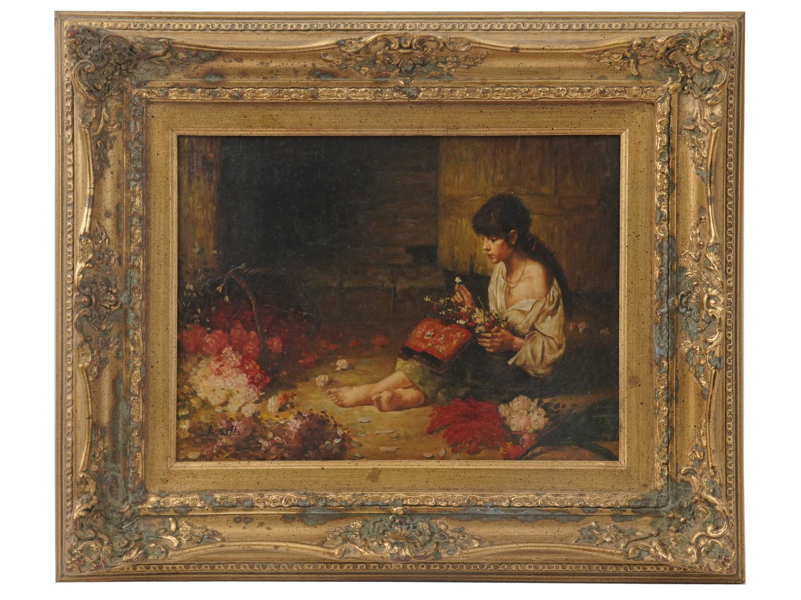 OIL PAINTING GIRL WITH FLOWERS SIGNED LOUIS BETTS: Louis L. Betts, 1873â€“1961, American painter, especially noted for his portraits. Oil on board painting depicting a seated girl making flower bouquets. Signed L. Betts in the lower left. Golden