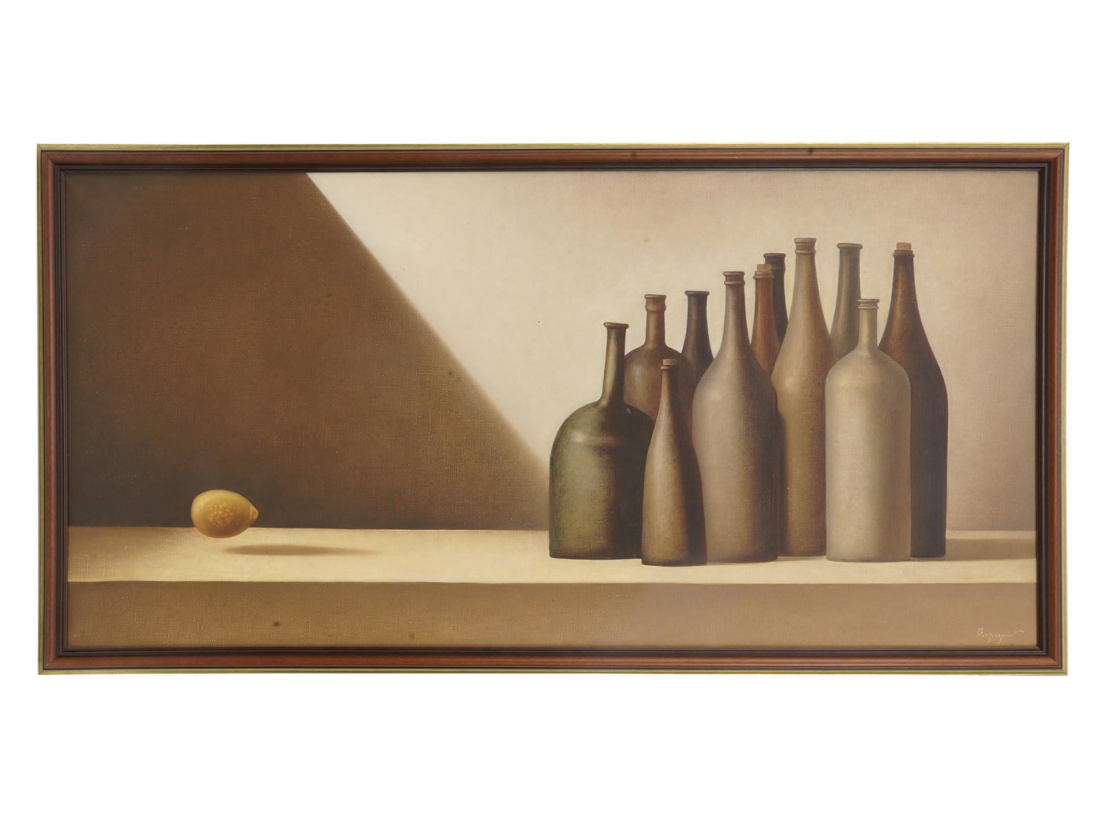 RUSSIAN PAINTING STILL LIFE BY OLEG BASAYEV: Oleg Basayev, Russian, born 1960, oil painting titled Still life with bottles and a lemon, 1997. Signed by the artist lower right. Additionally signed, entitled and dated on verso. Framed. Oleg Temirb