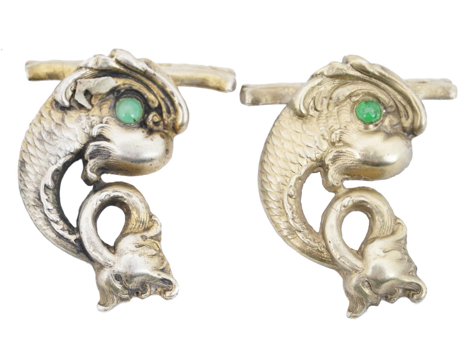 RUSSIAN SILVER GILT CUFFLINKS MYTH FISH W. JADE (1 of 7)