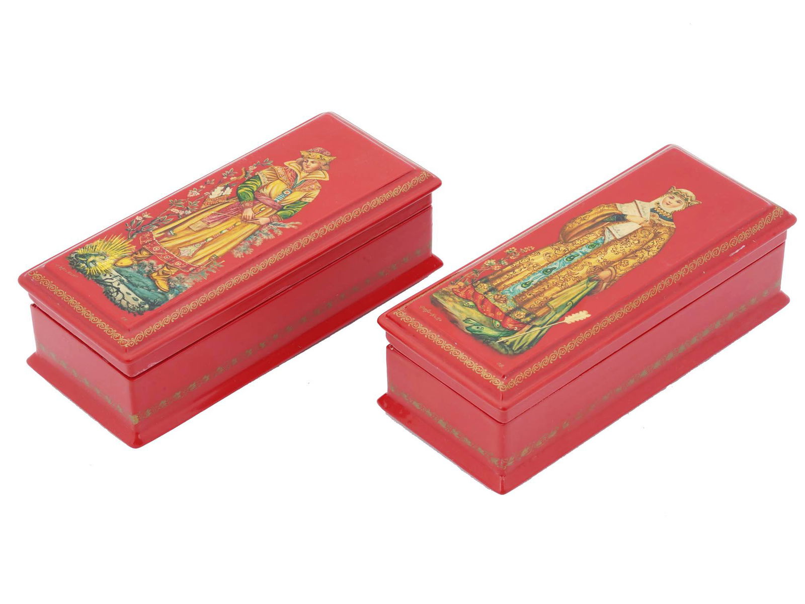 TWO RUSSIAN FOLK ART FEDOSKINO LACQUER FAIRY TALE (1 of 6)