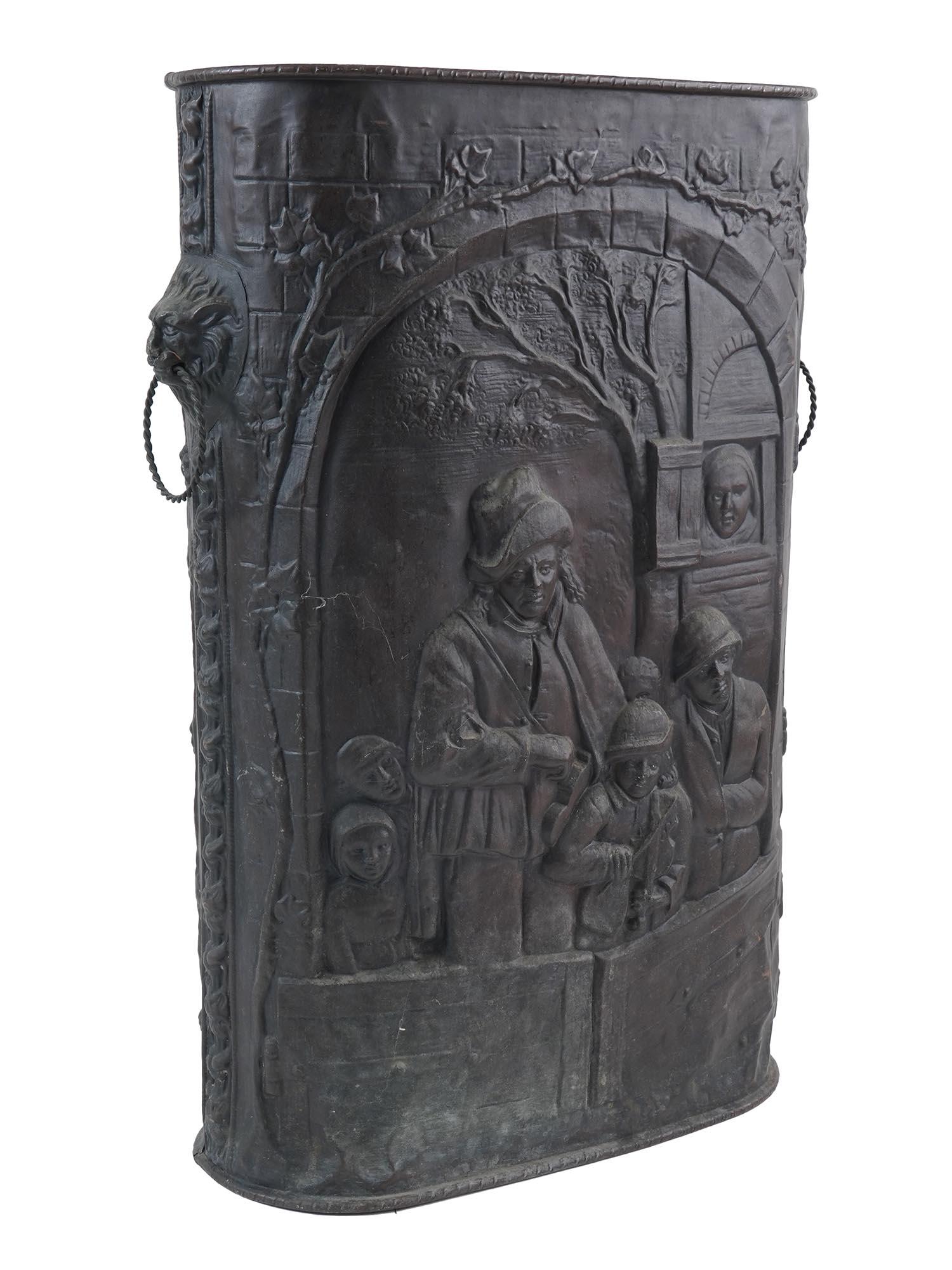 ANTIQUE EMBOSSED BRASS UMBRELLA STAND FOLK SCENES (1 of 10)