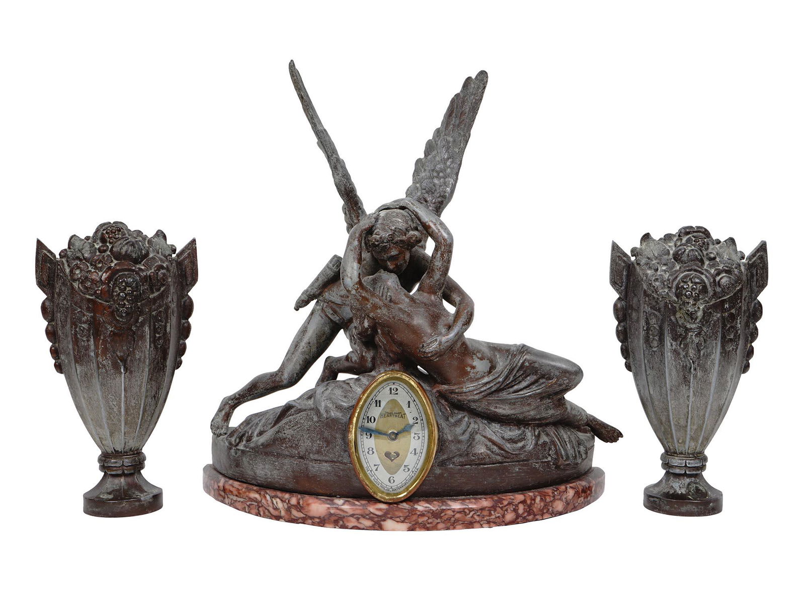 ANTIQUE FRENCH PSYCHE AND CUPID CLOCK, SIDE VASES (1 of 11)