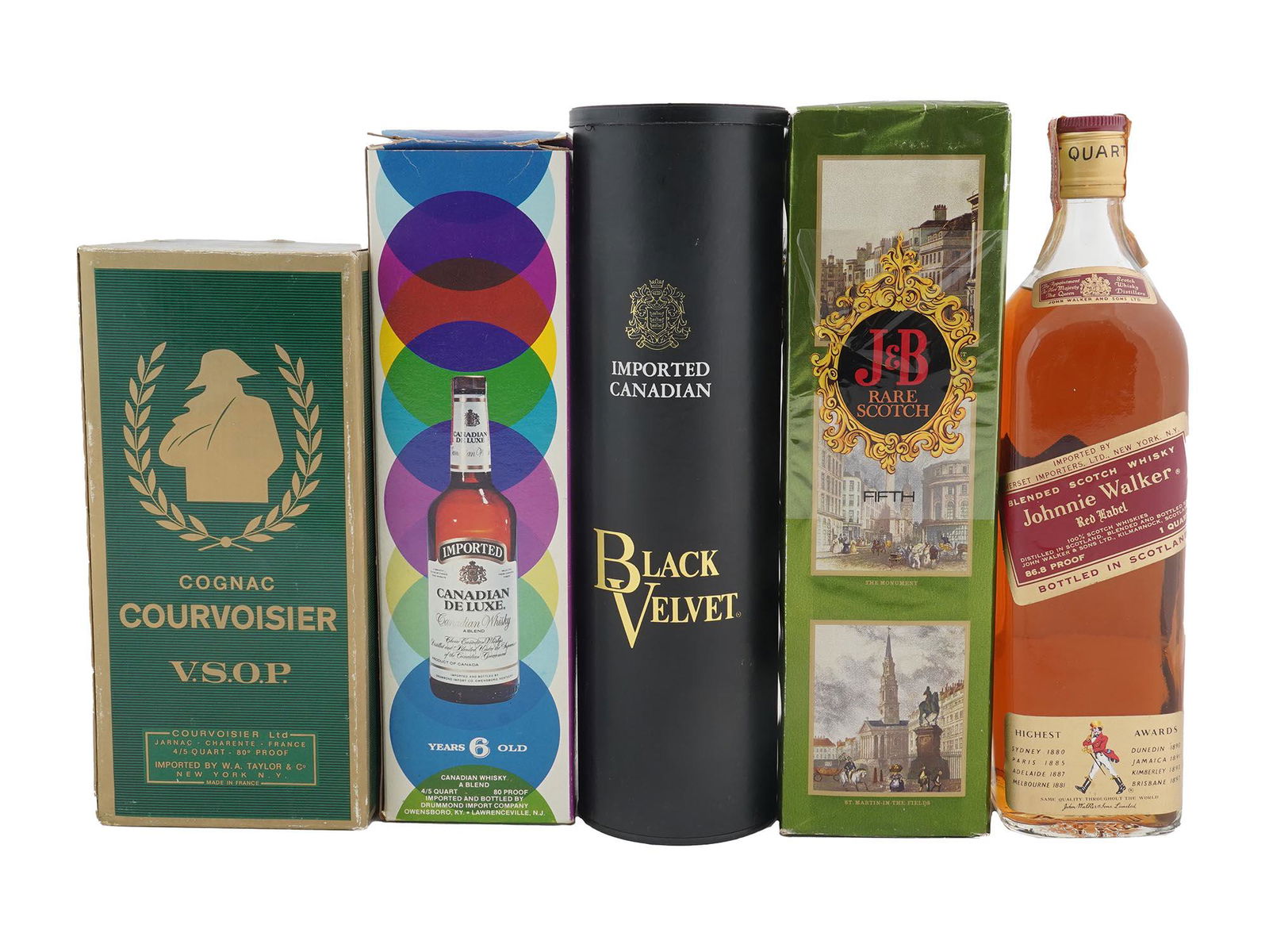 FIVE VINTAGE WHISKEY BOTTLES IOB J&B BLACK VELVET: A set of five vintage sealed whiskey bottles from variuos countries. The items are for collecting purposes. Unopened, untested. Courvoisier Cognac, VSOP, The Brandy of Napoleon, made in France, in ori
