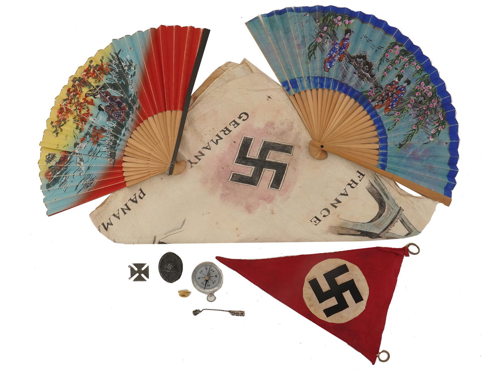 WWII MILITARIA COLLECTIBLES, 1936 HANDKERCHIEF: A WWII period US Army hand-drawn handkerchief with a large red circle to the center as on the Japanese flag, signed on the top: Frank Barone. Depicting various sightseeings on sides signed: Nagoya, Li