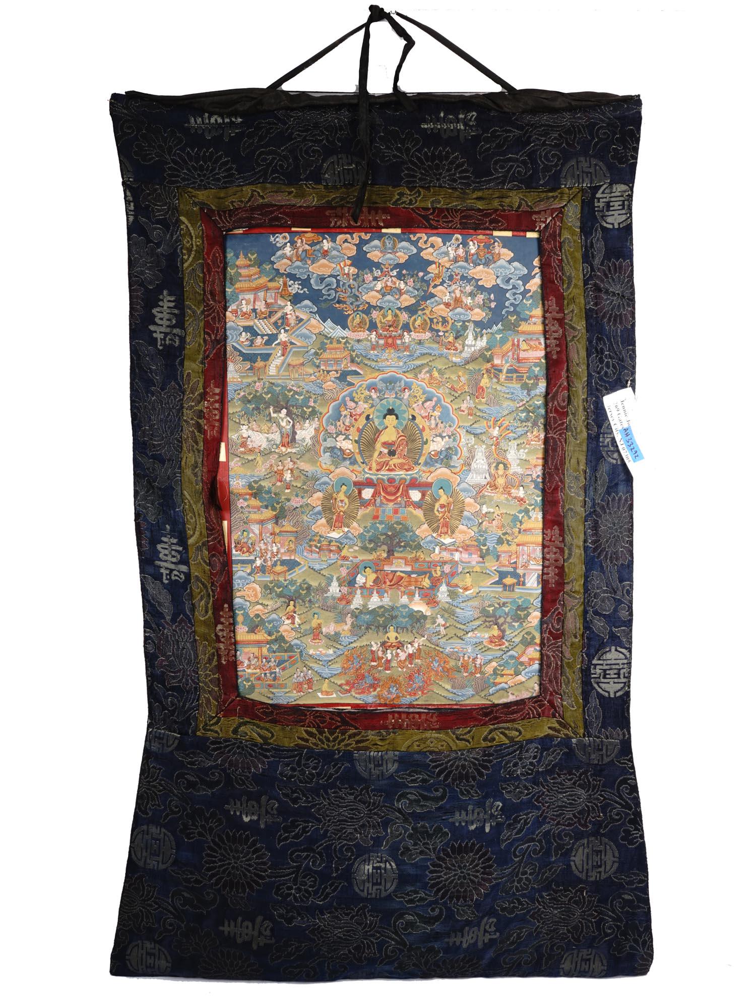 NEPALESE THANGKA SILK PAINTING LIFE OF BUDDHA: A Buddhist silk painting from Nepal. Thangka, also known as Tanka, is a Tibetan Buddhist painting that serves as a teaching tool. The tanka in this lot depicts Buddha Shakyamuni seated on the Throne o
