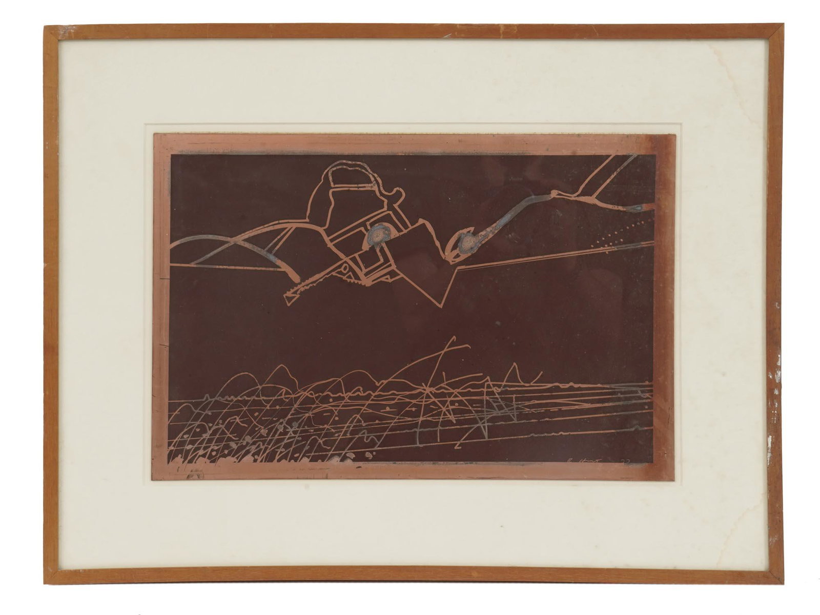 ABSTRACT COMPOSITION ON COPPER BY RICHARD HUNT: Richard Hunt (American, b. 1935) engraved and painted abstract composition on a copper plaque, 1977. Signed and dated lower right. Matted and framed. Richard Howard Hunt is an American artist and scul