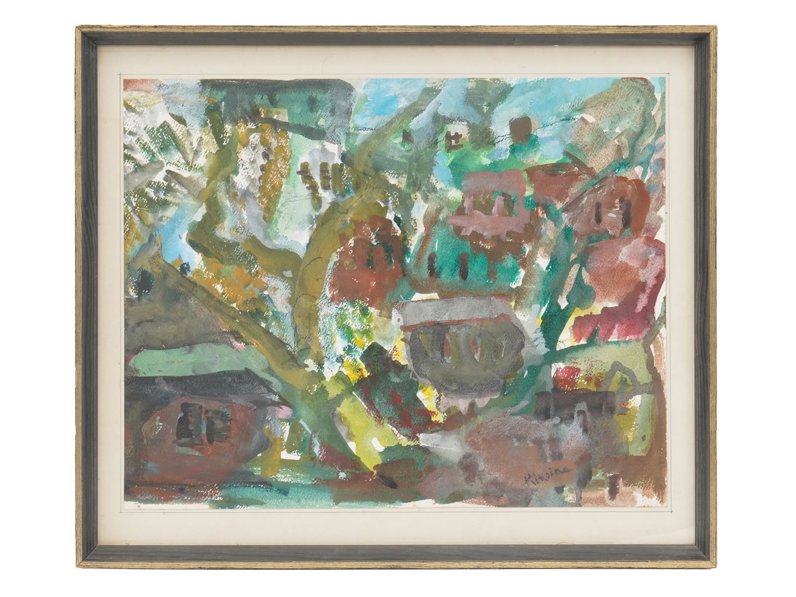 RUSSIAN ABSTRACT PAINTING BY MICHEL KIKOINE: Michel Kikoine, Russian, Lithuanian, 1892 to 1968, abstract tempera on paper painting. Signed lower right. Additionally signed on verso and stamped with the artist's initials. Matted and framed. Miche