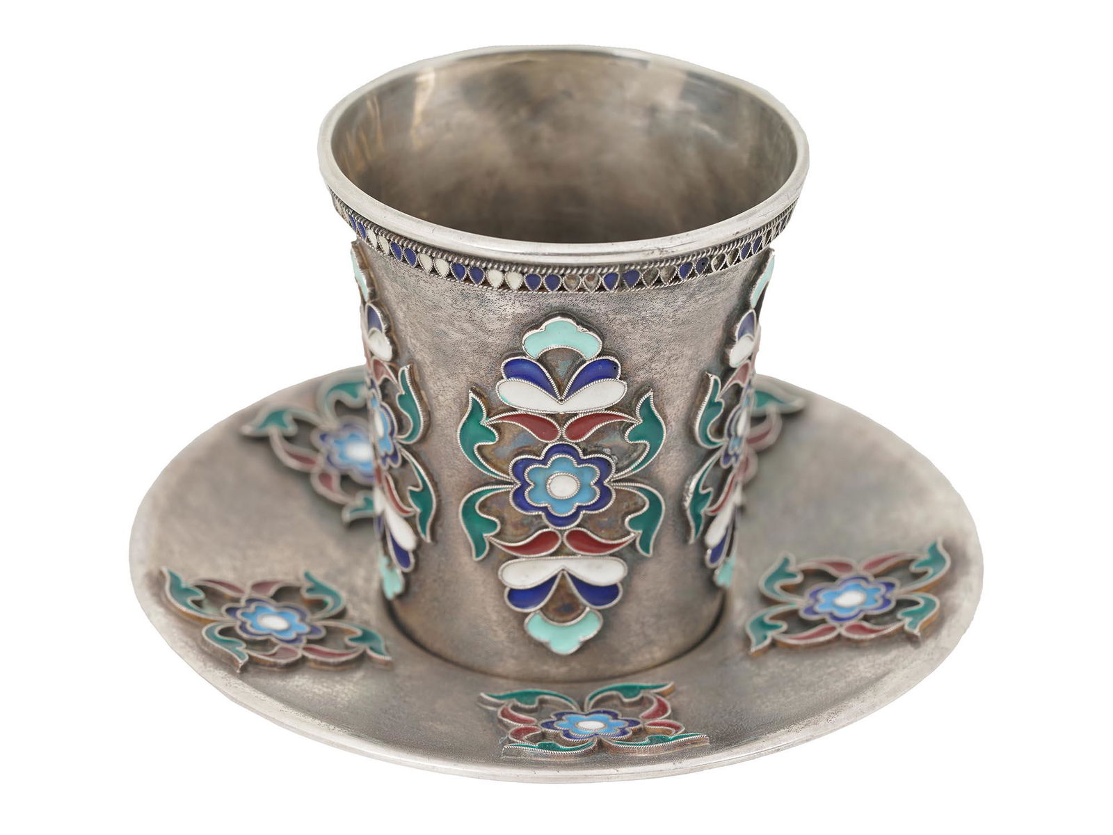 A RUSSIAN SILVER CLOISONNE ENAMEL CUP & SAUCER SET (1 of 5)