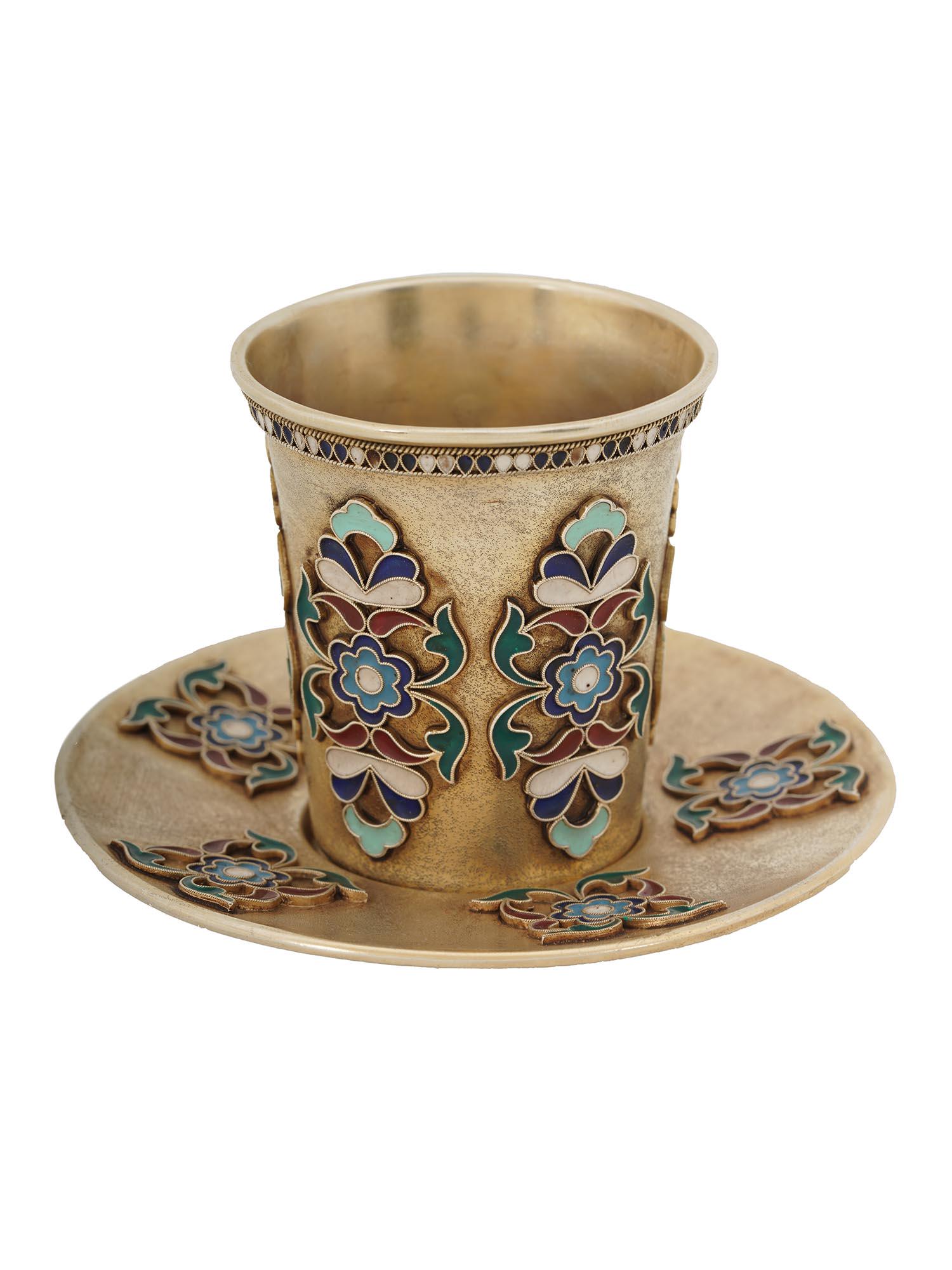 A RUSSIAN SILVER CLOISONNE ENAMEL CUP & SAUCER SET (1 of 6)