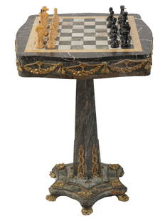 ANTIQUE ORMOLU MOUNTED MARBLE CHESS TABLE: An early 20th century square multicolor marble chessboard on a dark green marble pedestal base raised on six gilt bronze legs modeled as a lion's paws. The sides of the tabletop and the pedestal are d