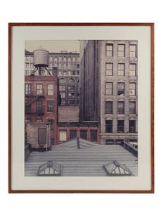 JOE MALONEY AMERICAN DYE COUPLER PRINT SOHO VIEW: Joe Maloney, American, b.1949, large matted and framed dye coupler print depicting a Soho View. On the back bears a paper label of the Reliance National company with information about the artwork. Joe