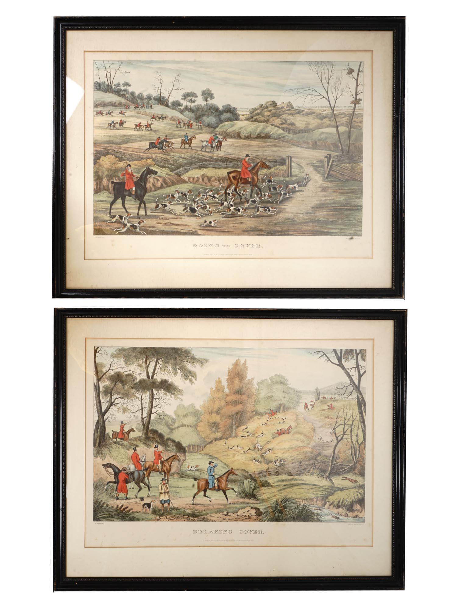 AFTER HENRY ALKEN TWO FOX HUNTING LITHOGRAPHS: After Henry Alken, two antique color printed and finished by hand lithographs on wove paper titled Fox Hunting: Going to Cover and Breaking Cover, engraved by Thomas Sutherland and published by W. Dee