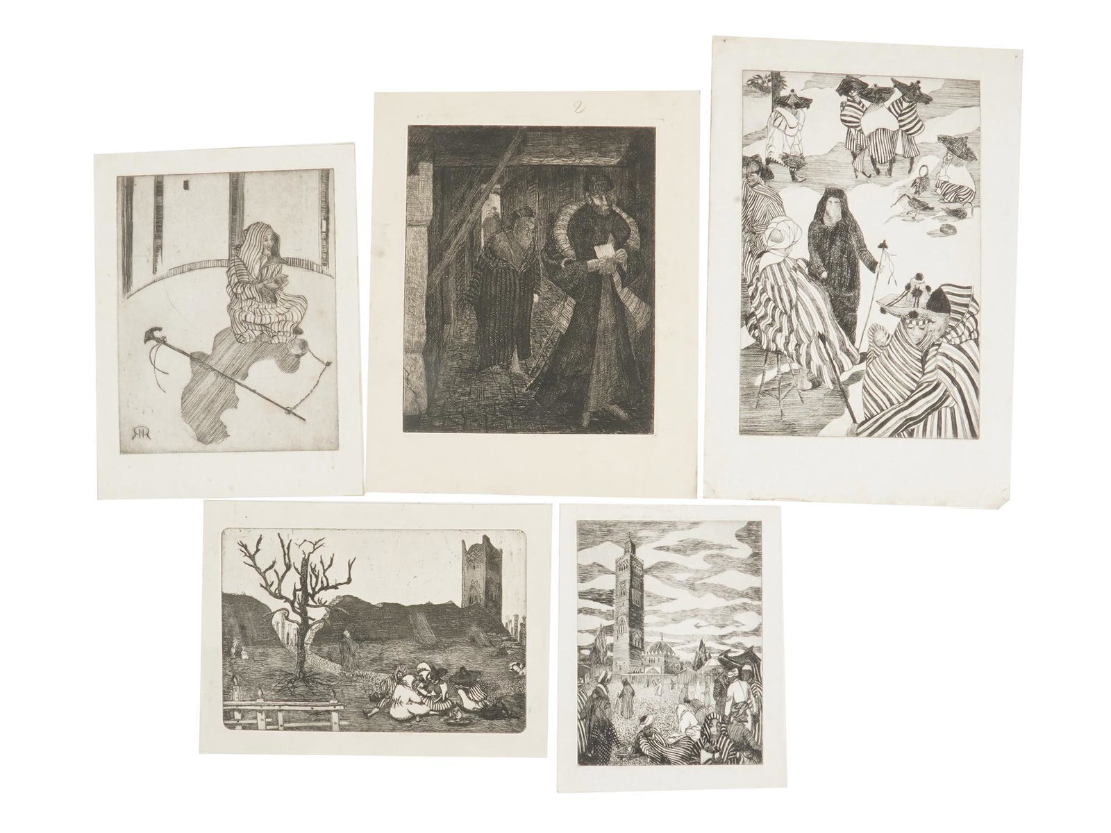 FIVE ORIENTAL ENGRAVINGS MOROCCO SIGNED R RIGGLE: A lot of five etchings depicting oriental scenes, probably the city life of Morocco. An old beggar in striped clothing, signed RR. Two men standing under wooden arches. Market scene. A group of people