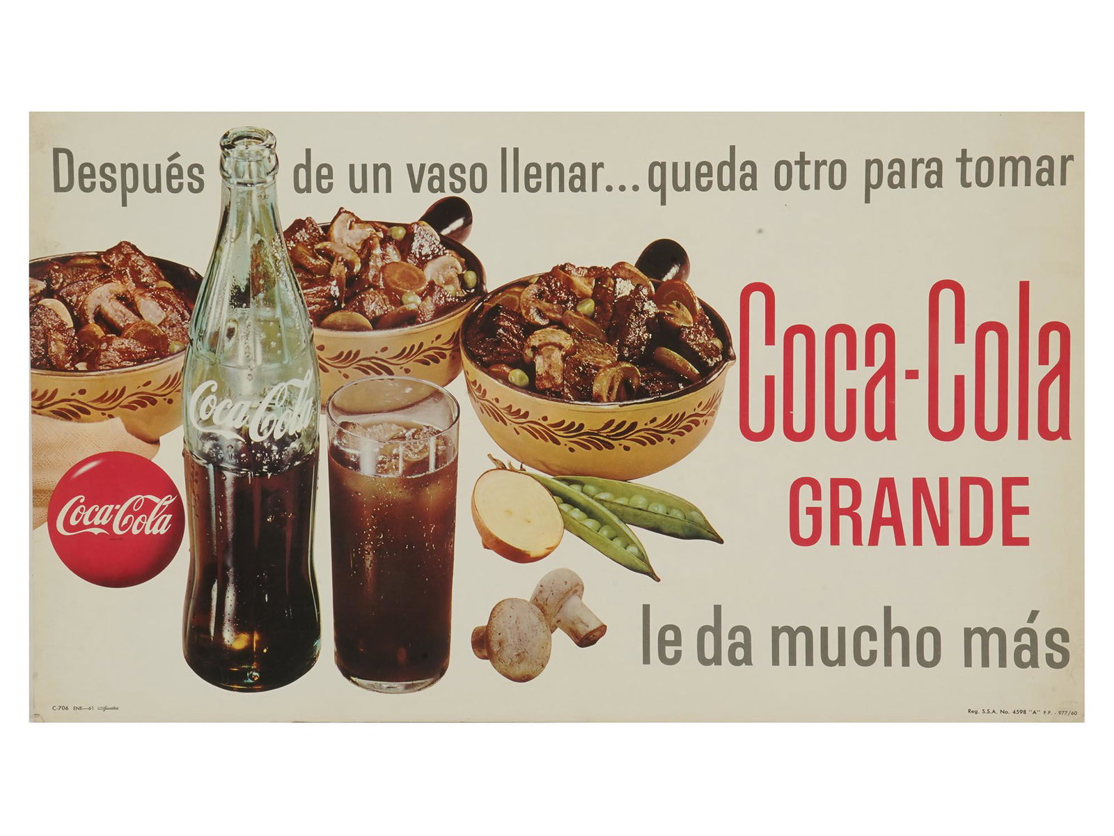 VINTAGE SPANISH COCA COLA ADVERTISEMENT POSTER: A vintage Coca Cola advertisement poster printed on cardboard depicting a bottle and a glass with coke, and cooked meals. Featuring a red Coca Cola logo lower left and a slogan written in Spanish. Cir