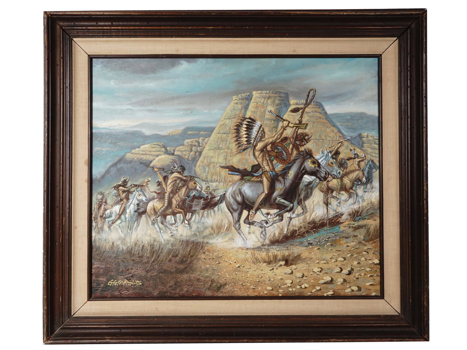 WESTERN OIL PAINTING AFTER FRED MCCARTHY SIGNED: Oil on canvas painting depicting Native American warriors in a desert, Sioux cavalry going on the attack. Signed G.G. Gonzales in the lower left. The painting is a reproduction of an artwork by Fred M