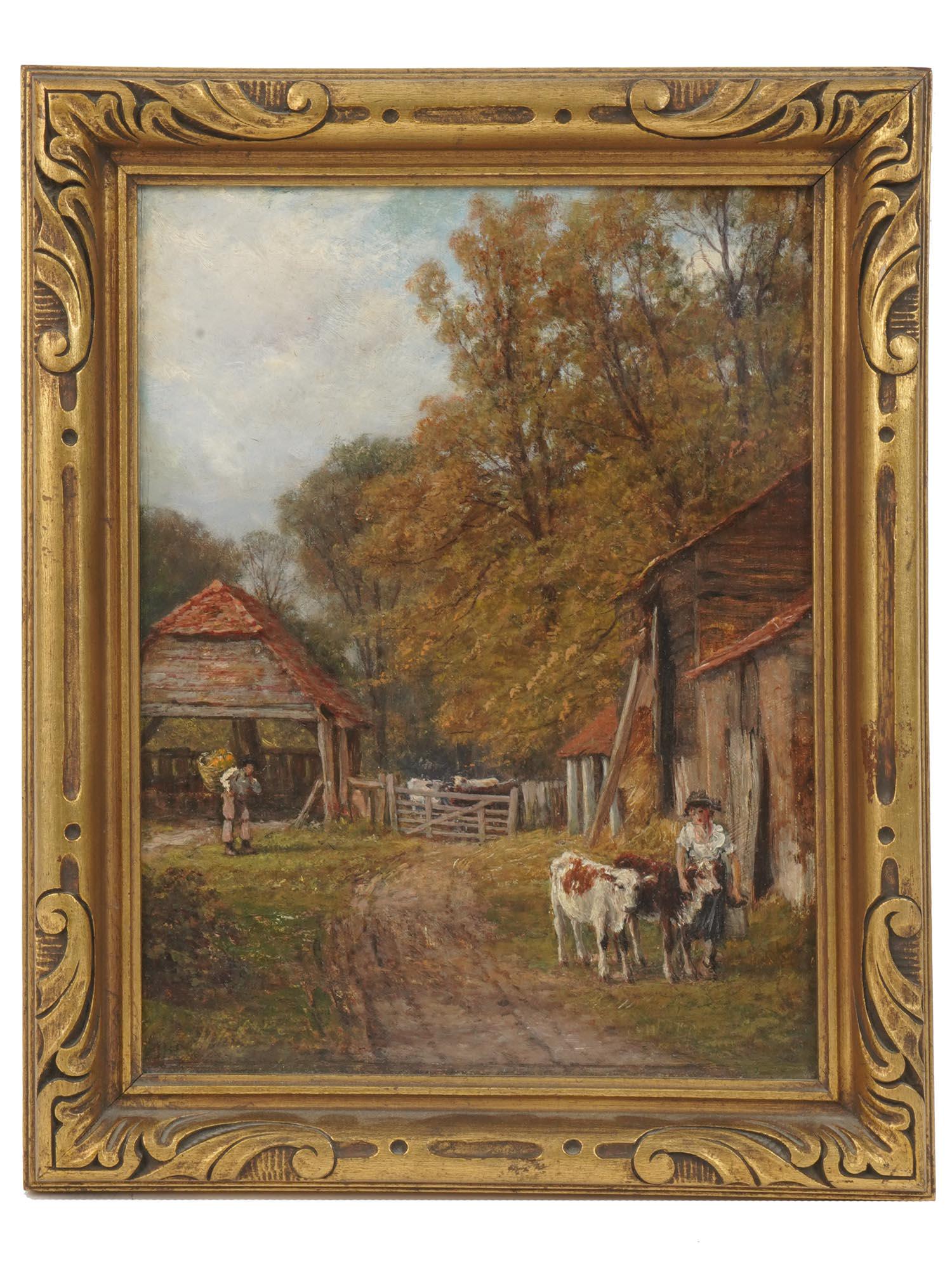 ANTIQUE BRITISH OIL PAINTING BY JOHN HENRY DEARLE: John Henry Dearle, British, 1860 to 1932, oil painting on canvas, In The Farm Yard. Framed. An original paper label of Bath and West Southern Countries Society showing detailed information about the a
