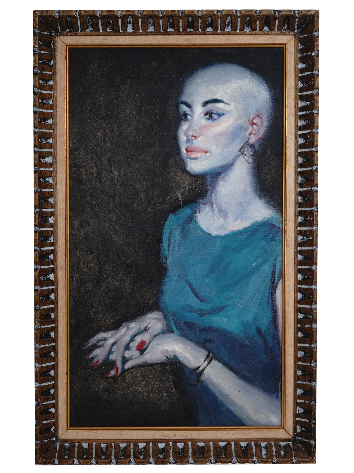 VINTAGE FEMALE PORTRAIT OIL ON CANVAS PAINTING: A large oil on canvas painting depicting a portrait of a stylish bald woman. Unsigned. Housed in a carved wood frame. Nice piece for the interior design. One of a kind artwork. Contemporary Fine Art F