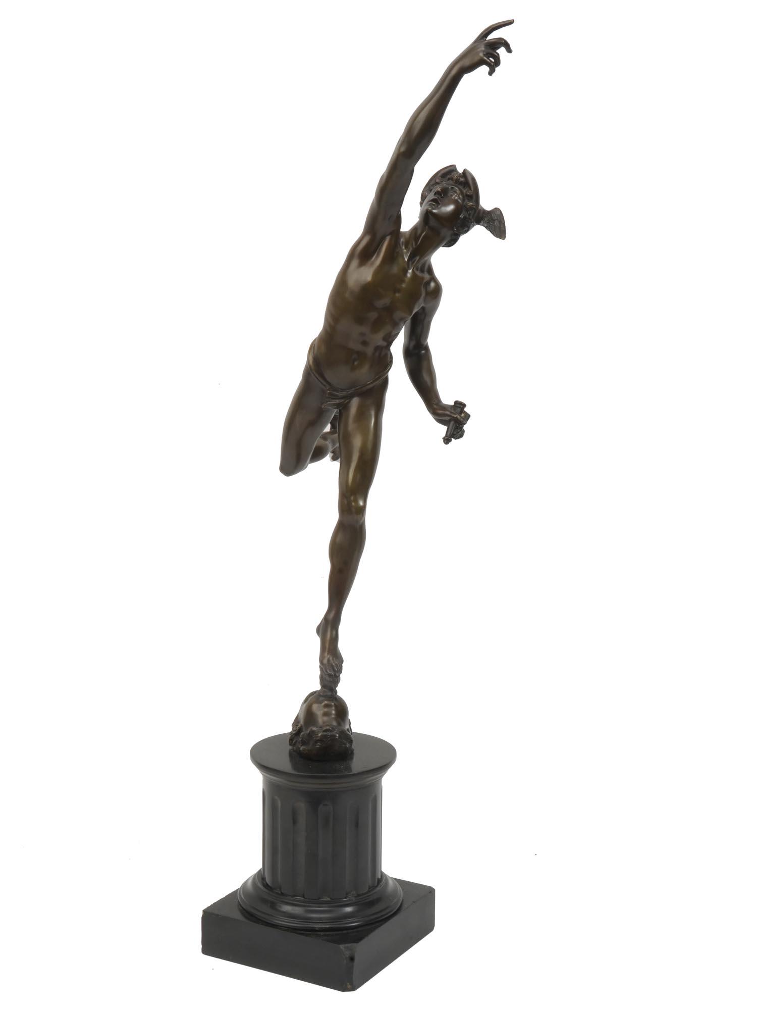 BRONZE FIGURE FLYING MERCURY AFTER GIAMBOLOGNA: After Giovanni Bologna or Giambologna, Italian, Flemish, 1529 to 1608, a patinated bronze figure of flying Mercury with a torch. One of the most well-known statues from the Renaissance era, this Mercu