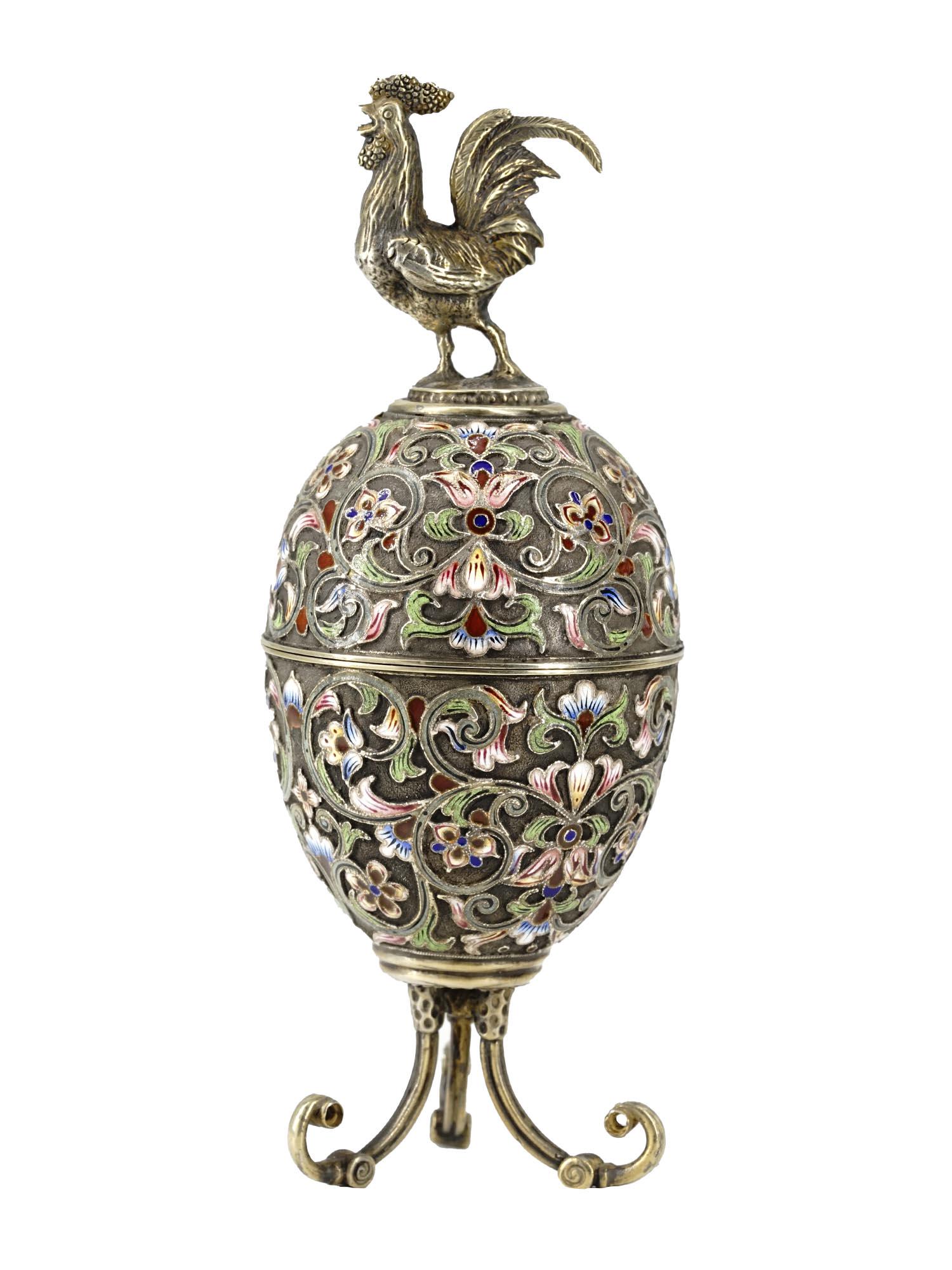 RUSSIAN 84 SILVER ENAMEL EGG CASE W COCK FIGURINE (1 of 11)