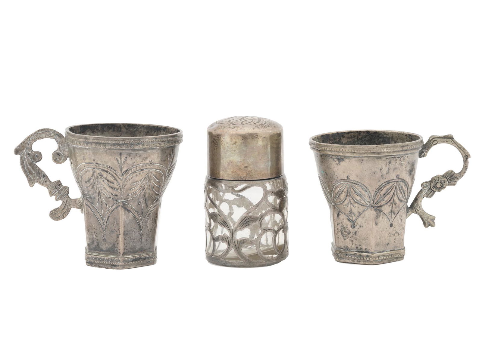LOT OF STERLING SILVER CUPS AND BOTTLE (1 of 7)