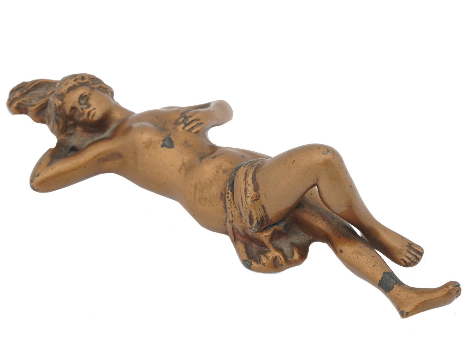 ANTIQUE ART DECO LETTER KNIFE HOUSE OF A SILZ: An early 20th century Art Deco period figural letter opener depicting a reclining nude. The leg is pulled out to reveal a letter opener knife. Marked on Back "House of a Silz" Diplomat Brand Poultry a