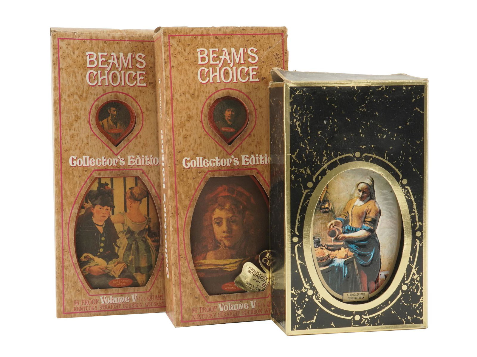 THREE SEALED BOTTLES OF BEAMS CHOICE WHISKEY IOB: A set of three vintage sealed whiskey bottles in original boxes. Two bottles of Beam's Choice Kentucky Straight Bourbon Whiskey, Collector's Edition, Volume V, Gare Saint Lazare and Titus at the Writi