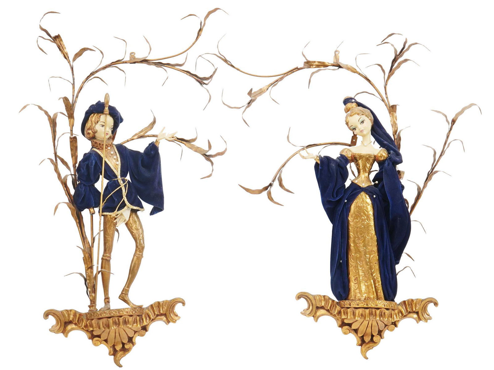 ANTIQUE PAIR OF ITALIAN CARVED WOOD FIGURES 19 C: A pair of highly detailed late 19th or early 20th century Italian figural wall plaques depicting a beautiful lady and a young man wearing finely crafted Medieval style blue velvet costumes. Also featu