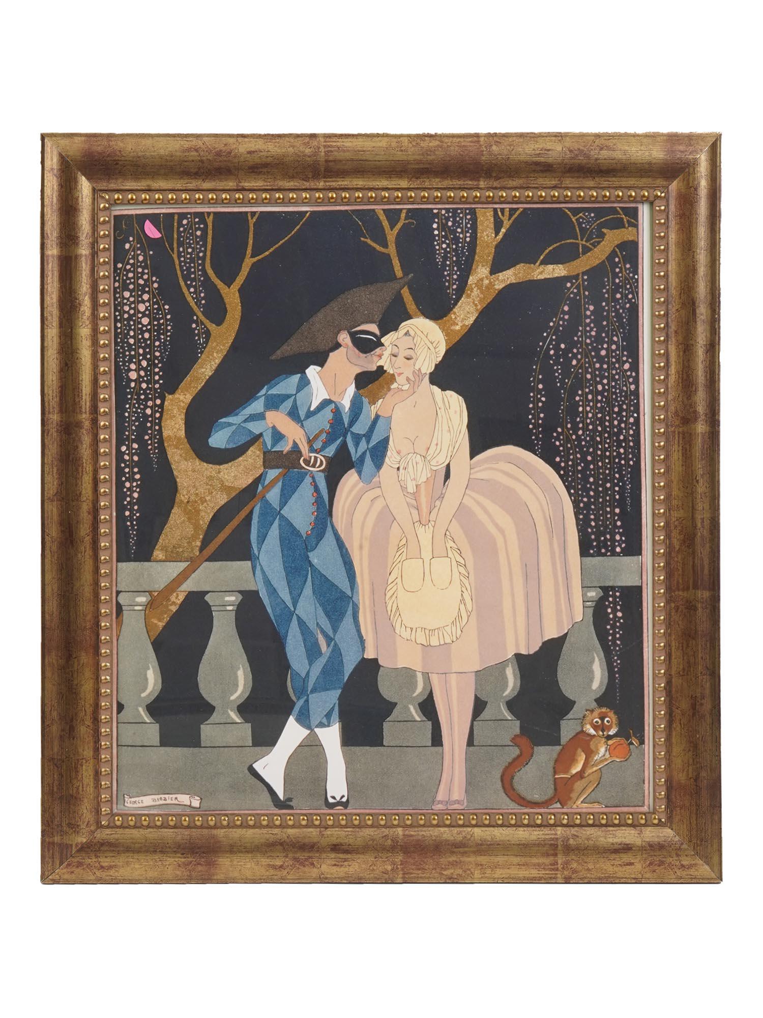 FRAMED ART PRINT HARLEQUIN SIGNED GEORGE BARBIER: Color print depicting a gallant scene in the Rococo style, Harlequin kissing a young woman in pink on the balcony. Signed George Brabier in the lower left. George Barbier, 1882â€“1932, was one of