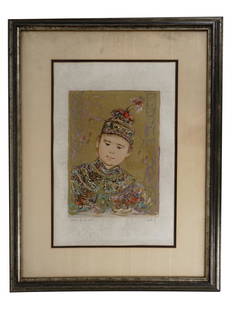 AMERICAN CHINESE BOY LITHOGRAPH PRINT EDNA HIBEL: Edna Hibel, American, 1917 to 2014, a limited edition lithograph on paper depicting a Chinese boy portrait. Numbered lower left. Hand signed by the artist lower right. With a dedicatory inscription