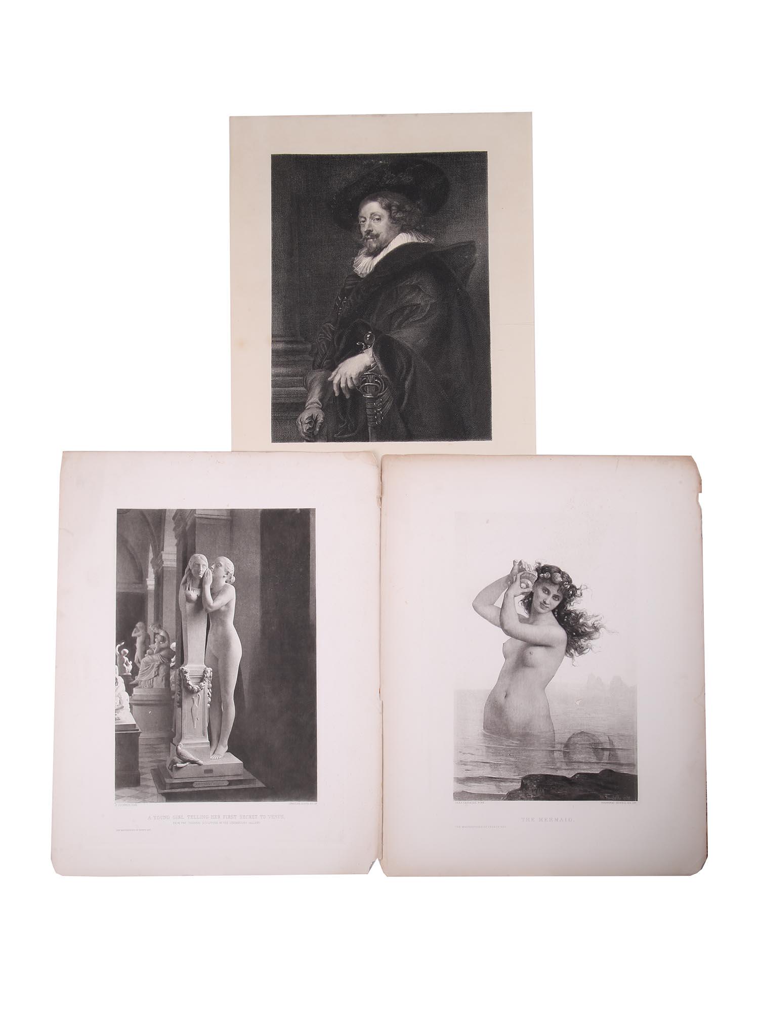 ANTIQUE NINETEENTH CENTURY ART ETCHINGS: A collection of black and white antique etchings of different academic art printed by Gebbie and Co, a British photogravure workshop which was most prominent in the 1880-1890s. The engravings were com