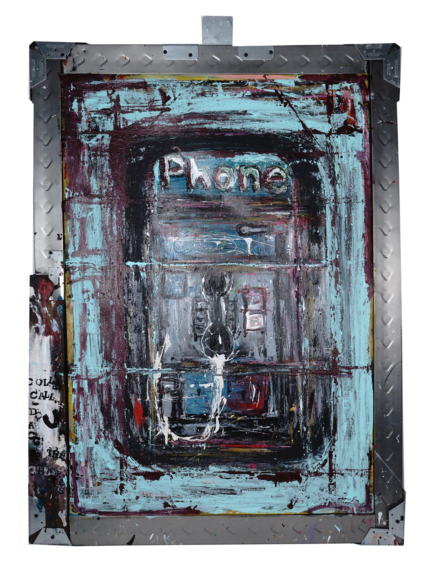 CONTEMPORARY AMERICAN ARTWORK TELEPHONE PAINTING: Contemporary American oil on canvas painting depicting a coin operated public telephone. The canvas is mounted into a metal frame in the industrial style. Unsigned. Contemporary American Artwork Colle
