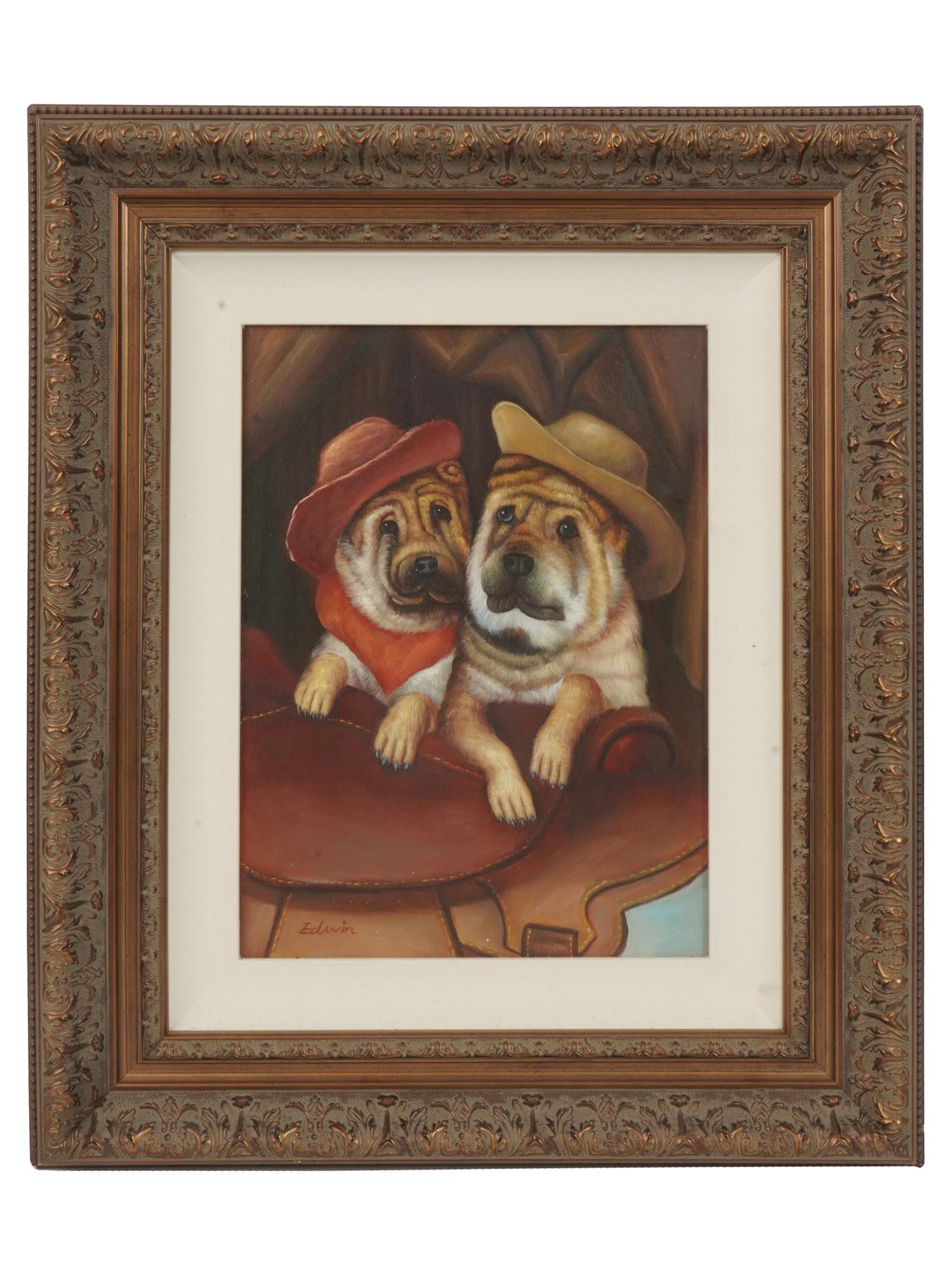 TWO DOGS IN COWBOY HATS OIL PAINTING SIGNED EDWIN (1 of 6)