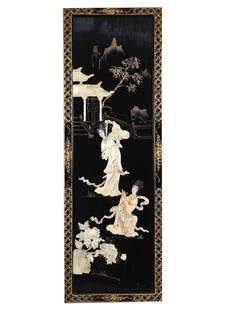 ORIENTAL PANEL LACQUERED WOOD AND CELLULOID INLAY: A vintage mid century Chinese wall hanging wood panel covered with black lacquer, accented with gilding and inlaid with celluloid pieces imitating mother of pearl inserts and depicting two beautiful