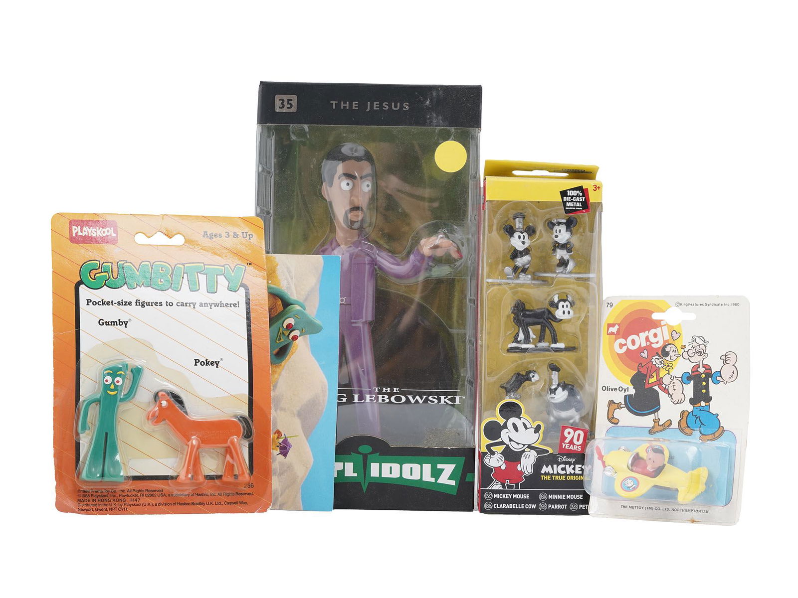 COLLECTIBLE VINTAGE POCKET SIZE TOYS AMERICANA: A collection of vintage toys including a 2016 vinyl figure of the Jesus from the Big Lebowski, 1988 Gumby and Pokey pocket size figures from Gumbitty by Playskool, a Mickey Mouse 90th anniversary die-