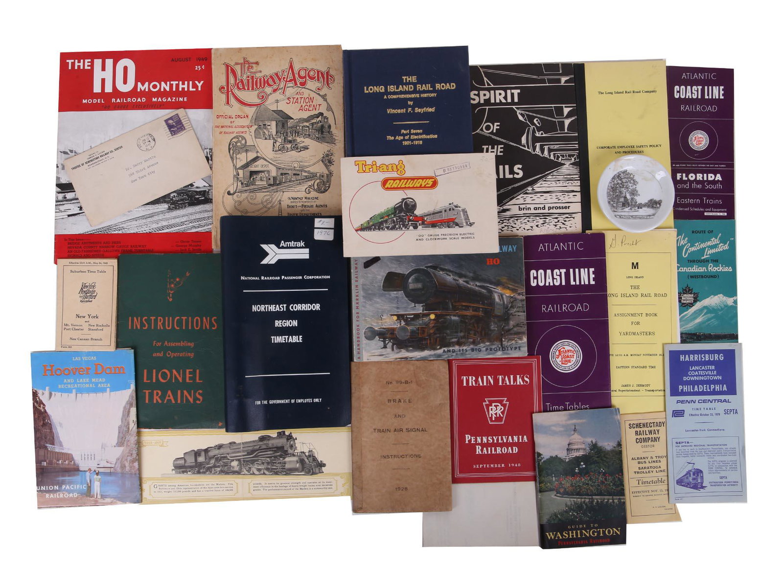 LARGE COLLECTION OF AMERICAN BOOKS DOCS BROCHURES: A large collection of various antique and vintage American books, documents, and brochures. The collection includes The Long Island Rail Road a Comprehensive History by Vincent F. Seyfried, Part Seven