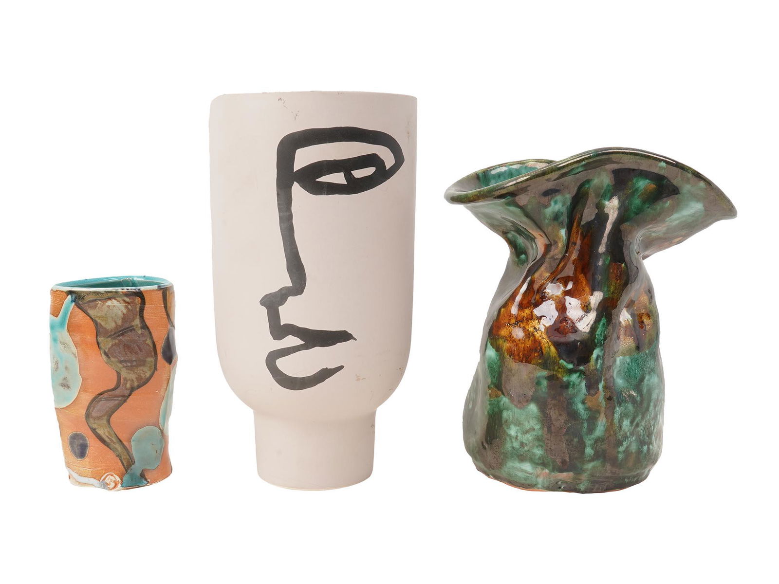 THREE HAND MADE POTTERY CERAMIC AND GLASS VASES (1 of 4)