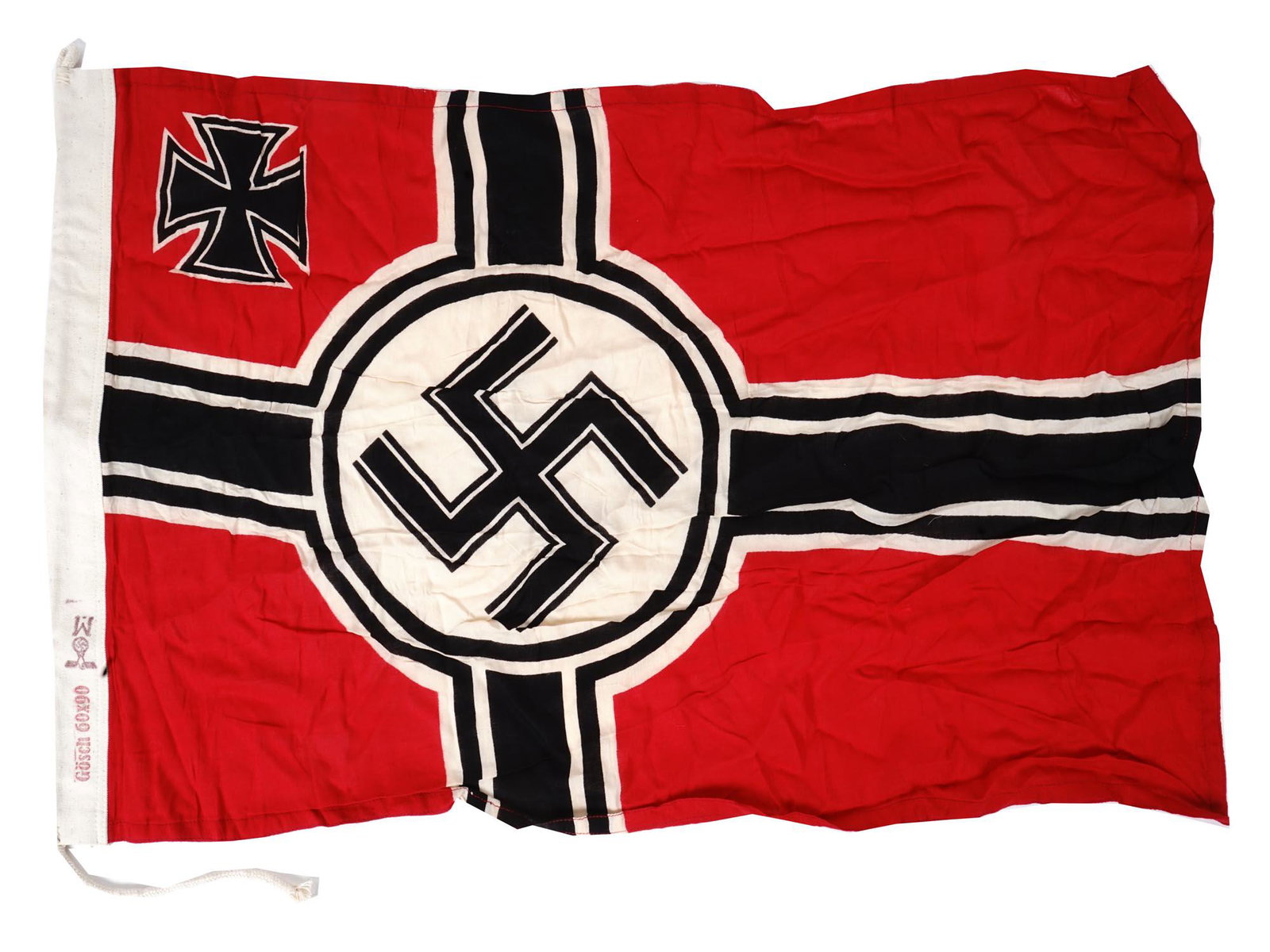 GERMAN WW II NAVAL KRIEGSMARINE BATTLE WAR FLAG: A German World War II Naval Kriegsmarine Combat Battle war flag. Has a swastika in the center with an Iron Cross in the left corner. Marked with an image of a German eagle clutching a swastika in his 